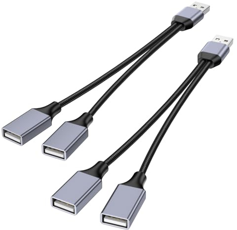 USB Splitter 1 in 2 Out (2 Pack), USB 2.0 A Male to 2 Dual USB Female Jack Y Splitter Hubfor Laptop, PC, Smart TV, Desktop Computer, Mac, PS5, PS4 (Nicht unterstützt CarPlay und Android Auto)