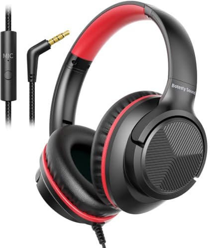 Botesty Sound Kopfhörer mit Kabel, 3,5mm Klinkenstecker mit Mikrofon, Rot | Over Ear Faltbar Kabel Kopfhörer, 1,5 m Verwicklungsfreier Nylonschnur für Tablet, Laptop, MP3/4, Schule, Flugzeug, Schwarz