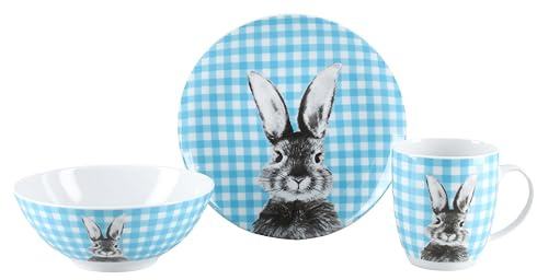 CreaTable, 25215, Serie Happy Bunny Blau, 3-teiliges Oster-Geschirrset aus Porzellan, spülmaschinen- und mikrowellengeeignet, Made in Europe