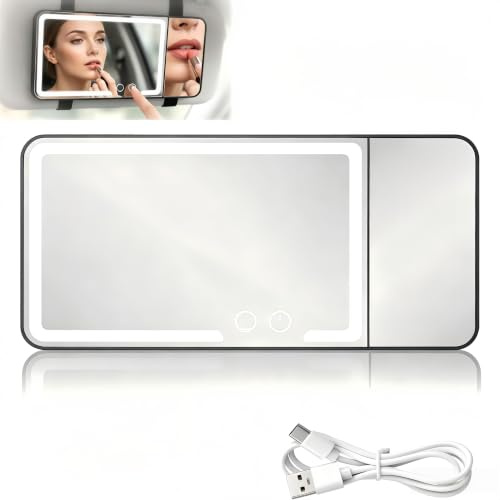 JIZZU Auto Kosmetikspiegel, mit 3 Facher Vergrößerung, mit 3 Lichtfarbmodi | HD, USB-C Ladefunktion, Einstellbare Helligkeit, Touch Bedienung, Make up Spiegel für Auto, Sonnenblende, Sitzlehne, Schwarz