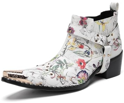 Yhsdfcn Stivali Western Bianchi Floreali, Stivali Estivi in Vera Pelle da Uomo con Punta in Metallo e Tacco,Bianca,41 EU