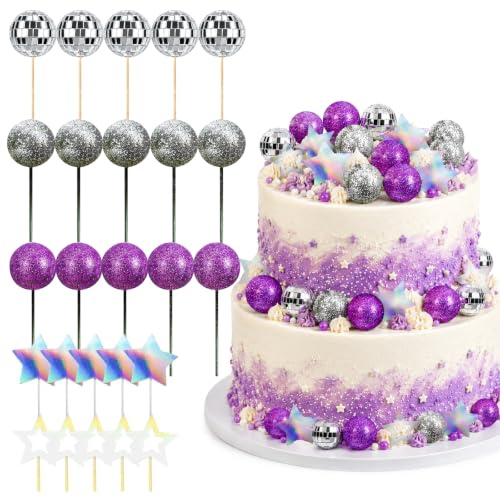 xolear 25 Pièces Disco Boule Decoration Gateau avec Panneau Étoile | 5 Tailles Boule a Facette Deco Mini, Topper de Gâteau de Ballon pour Fête Disco, Décoration de Vacances (Violet)
