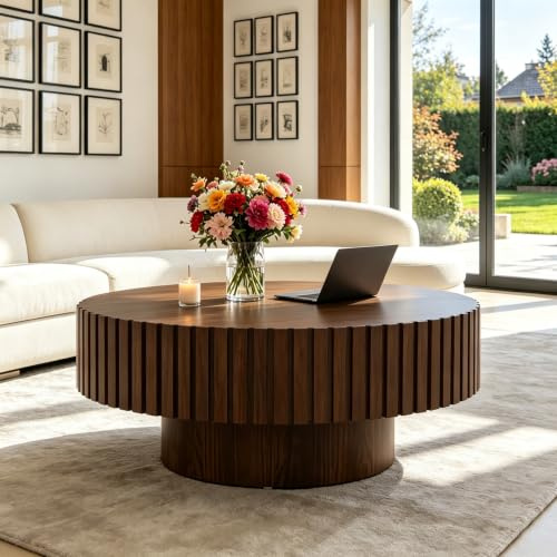 RYDZCLH 31.5 Runder Couchtisch Mit Geriffelter Aus Holz,Braun runder