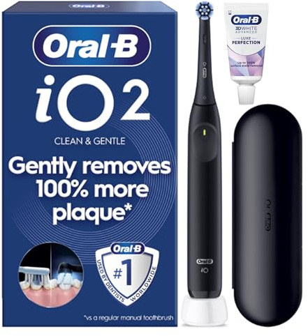 Oral-B iO2 Electric Toothbrush, Night Black, Includes 3D White Toothpaste | Travel Case, 1 Round Brush Head, Up to 4 Weeks Battery, 3 Cleaning Modes, Gum Pressure Sensor