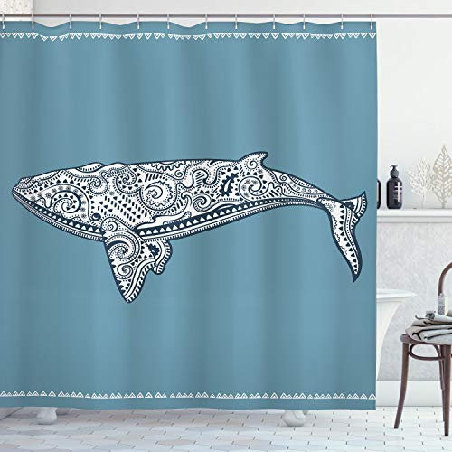 ABAKUHAUS Nautisch Duschvorhang, verschönern Wal, Stoffliches Gewebe Badezimmerdekorationsset mit Haken, 175 x 240 cm, Blaugrau Weiß