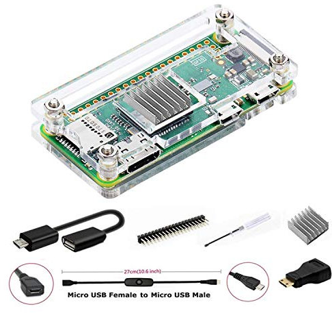 GeeekPi für Raspberry Pi Zero 2 W/Zero W Gehäuse, 7 in 1 Basic Starter Kit, 20-poliger GPIO-Header, OTG Kabel, Switch Kabel, HDMI Adapter, Kühlkörper und Schraubendreher (klar)
