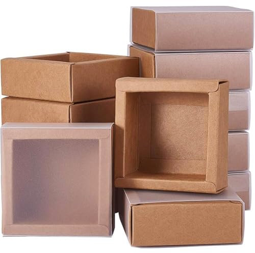 BENECREAT 12 Pack Kraftpapier Geschenkboxen mit klarem Deckel 8.3x8.3x3cm PVC gefrostete Abdeckung Kraftpapier Schublade Box für Seife Schmuck, Burlywood