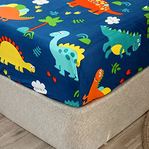 Chickwin Dinosaur Single Bed Fitted Sheet -30cm Deep, Cute Cartoon Animal Fitted Sheets for Kids, Soft Brushed Microfiber Easy Care Fade Resistant Breathable Fitted Sheet (90x200cm)