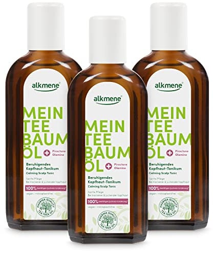 alkmene Mein Teebaumöl Kopfhaut Tonikum 3x 250 ml Juckreiz Linderung 100% bestätigt - naturreines Teebaumöl, vegan & klimaneutral - beruhigendes Haarwasser bei trockener & juckender Kopfhaut