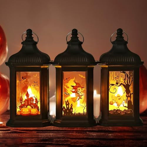 3 Pezzi Lanterne Halloween Luce LED, Halloween Decorazioni Casa Notturna, Lanterna Halloween Esterno e Interno, Halloween Zucca Luminosa da Appendere, Addobbi Giardino Decorative Strega con Batteria
