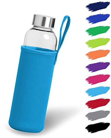 NOMA Botella de cristal de 0,5 l con funda de neopreno, botella de cristal en 500 ml, 600 ml y 1000 ml con funda protectora y tapa de acero inoxidable, botella de agua para deportes, oficina, escuela