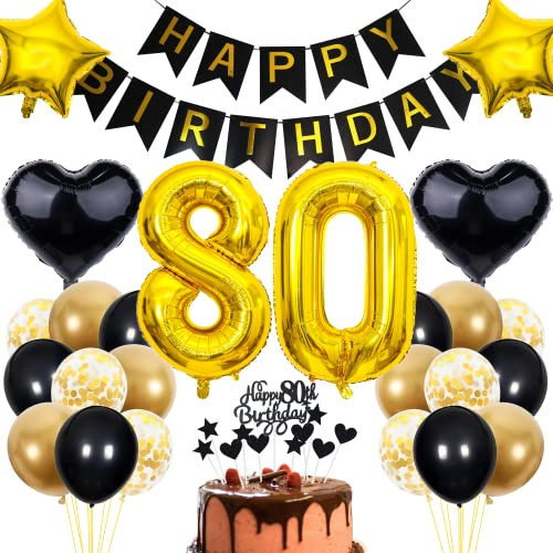 Cnrose 80. Geburtstag Dekoration,Schwarz Tortendeko Geburtstag 80 Jahre Mann,Party Deko Gold Schwarz,80 Geburtstag Männer Frau,Tortendeko 80. Geburtstag Frauen,Geburtstagsdeko 80 Jahre Mann