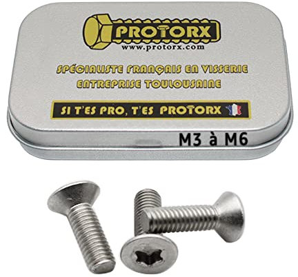 Vis Torx Tête Fraisée M3 x 10mm : Boîte 30 Pcs pour Rondelles Métal Écrou | Inox Acier A2 Anti-Rouille | DIN 965 | Boîte Rangement PROTORX