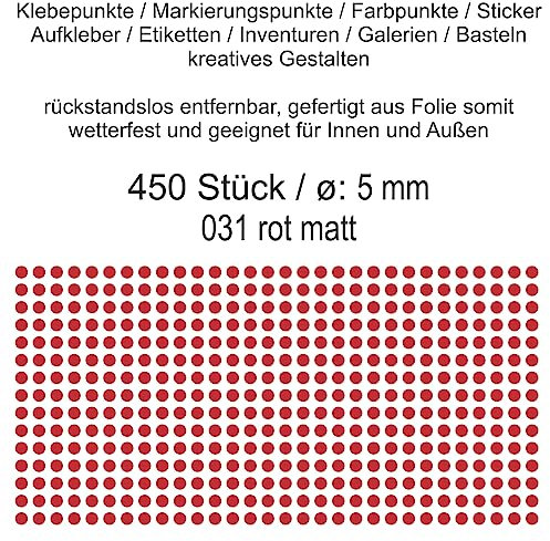 Aufkleber Etiketten Klebepunkte aus Folie 450 Stück rot matt rund 5 mm selbstklebend farbig wetterfest Decal Markierungen Organisieren DIY basteln verzieren Modellbau Scrapbooking