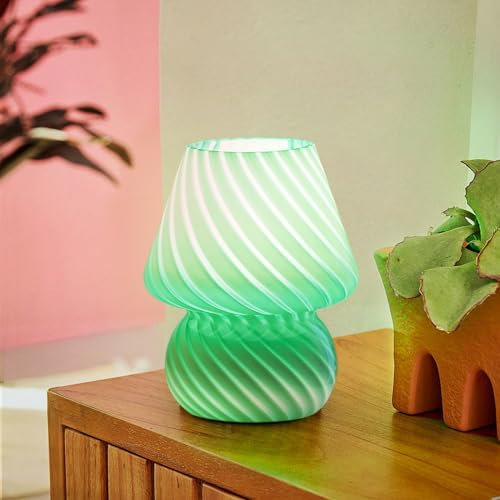 ONEWISH Pilzlampe, Tischlampe mit gestreiftem Glas, Nachttischlampe für Schlafzimmer, Wohnzimmer, inklusive Glühbirne, Geschenk für Geburtstag, Weihnachten und Erntedankfest, Salbeigrün