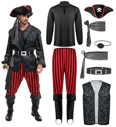 Spooktacular Creations Men Pirate Costume, Adult Khaki Pirate Shirt Vest Viking Pants Hat Accessories Set for Halloween Themed Trick or Treating Cosplay Parties