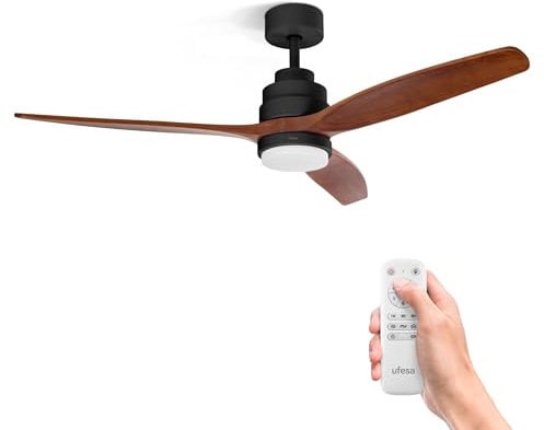 Ufesa Ventilador de Techo con Luz LED, 40W, 6 Velocidades, Ultra Silencioso, 3 Aspas Madera Natural 132cm, Función Verano - Invierno, Temporizador 8h, 3 Niveles Luz, Mando a Distancia, Negro - Roble