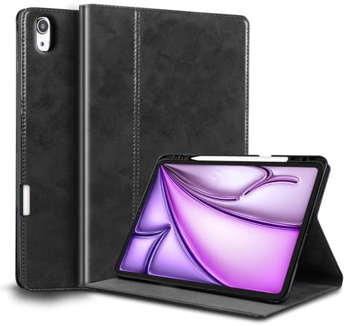 Gexmil Lerder Hülle für iPad Air 13 Zoll M3 2025/ M2 2024 mit Stifhalter,Echt Leder Smart Folio Cover Automatischer Schlaf/Aufwachen,Einstellbarer Ständer,Stoßfest,rutschfest,Schwarz