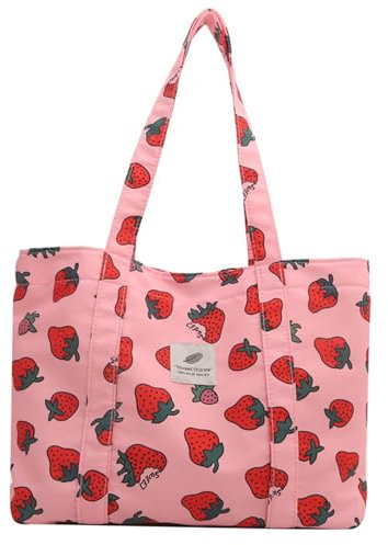 CXINLky Tote Bag Damen Groß Shopper Tasche, Lässige Tragetasche mit süßem Kirsch-Erdbeer-Druck, Nylon Große Kapazität Schultertasche Strand Tasche, Beach Bag Badetasche-Erdbeer-Rosa
