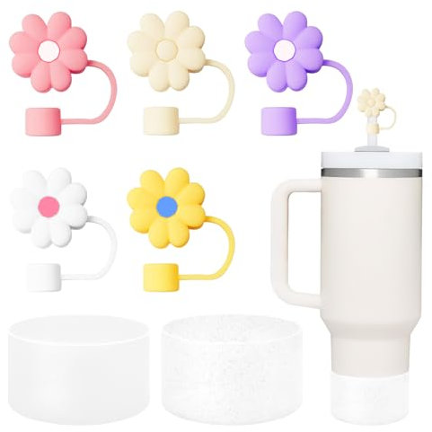 KATIMI 7 Pieces Straw Cover for Stanley Cup Accessories with 2 Silicone Cup Boots, Daisies Decor for Stanley Cup Straw Cover, 5 Color Flowers Decor for Stanley Straw Cover Topper 10mm