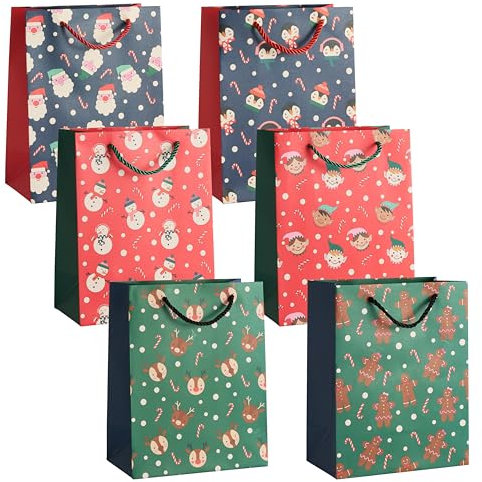 THE TWIDDLERS - 6 weihnachtliche Geschenktüten mit stabilen Seilgriffen in verschiedenen festlichen Weihnachtsdesigns, Geschenktüte 1 von jedem Design, festliche Weihnachtstüte - 24cm x 18cm
