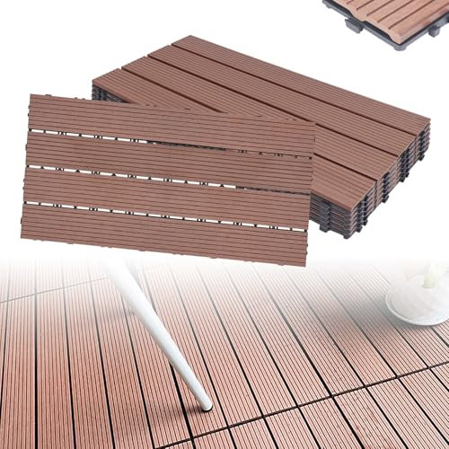XINZI WPC Terrassenfliesen Holzoptik Balkonfliesen, 30x60 cm WPC Fliesen Klickfliesen Bodenbelag mit Drainage Gitter, Terrassendielen Kunststoff Gartenfliesen Bodenfliesen (30 Stück, Braun)