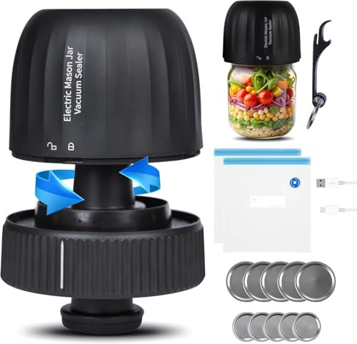 Smart Electric Mason Jar Vacuum Sealer Kit-Automatic-Jar-Vacuum-Sealing-for-Canning Jars,3 in 1 Cordless Vacuum Sealer Machine with Wide&Regular Mouth Mason Lids/Vacuum Bags/Seal for Food Storage