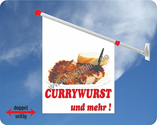 Werbeflagge, Werbefahne, Imbissflagge, Imbissfahne- Currywurst, Bratwurst, Pommes - Ideal für Imbiss, Grill, Restaurant oder Kirmes, versch. Varianten, weiß (Currywurst)