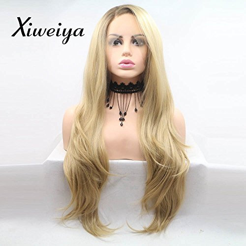 xiweiya lang Ombre Blond Perücke lang gewellt Perücke lang Lace Front Perücken Kunsthaar Lang Bonde Haar Ersatz Seite Teil Perücke langen weichen Hitzebeständige Kunstfaser für Frauen 61 cm