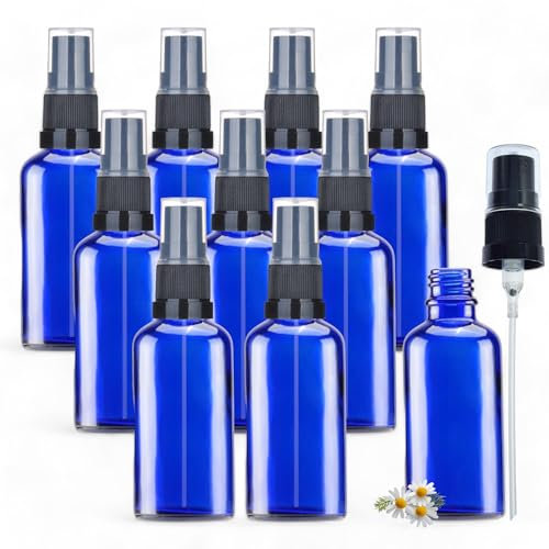Avalon Lot de 10 flacons en verre bleu avec vaporisateur noir 50 ml Rechargeables, réutilisables et format voyage - pour l'aromathérapie, les parfums, les huiles essentielles, les après-rasages, etc