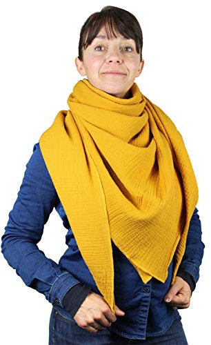 XXL Musselin Tuch Schal 100% feine Baumwolle 130x130cm Damenhalstuch Halstuch Musselintuch Musselin Damen Herren Männer Frauen, Farbe:Senf