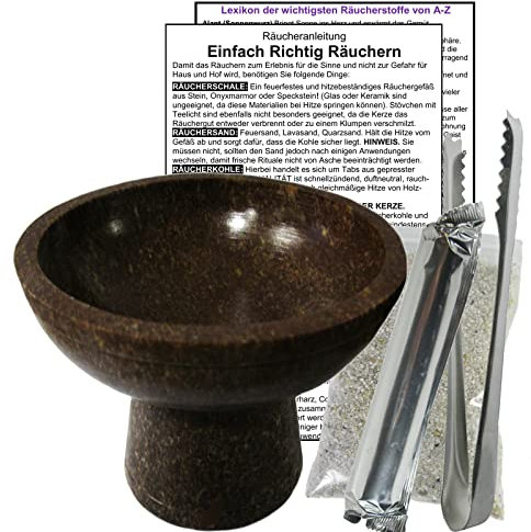 Räucherkelch NATURSTEIN braun Räuchergefäß ca. 850g - 12cm Räucherschale zum Räuchern & Ausräuchern für Räucherwerk & Weihrauch. 5 x ZUBEHÖR mit Zange + Sand + Räucherkohle. 81001-B11