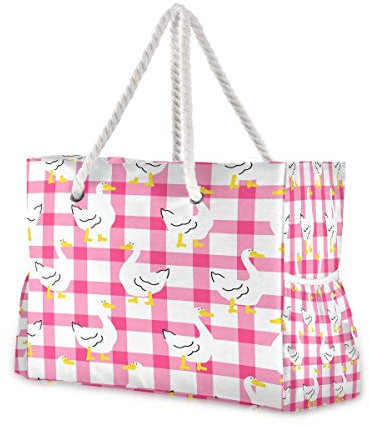 Strandtasche mit Baumwollseilgriffen, süße Gans auf karierter Schultertasche, Strandtasche, Reißverschluss oben, mehrere Außen- und Innentaschen