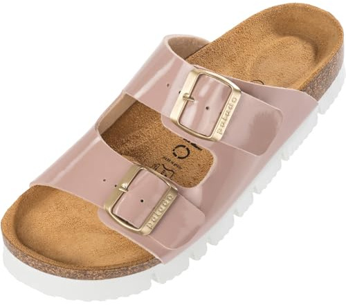 Palado Damen Pantoletten Korfu PL Lack - Sandalen Made in Spain - elegante Hausschuhe mit Kork-Fußbett - modische Sommerschuhe Rose UK3,5 - EU36
