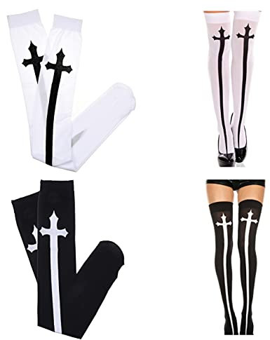 Cosplay Gothic Socken - 2 Paar - Oberschenkel hoch Halloween, Dress-Up, Thematische Party Strümpfe - Schwarz und Weiß - Gedrucktes Kreuz Schwert Design