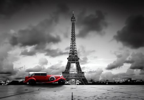 Wesmilewallpaper Photo Wallpaper 3D Non-Woven Wall Paper Mural Poster Gray Sky Paris Tower Creative Red Classic Car Art Deco Background Wall 400x280cm