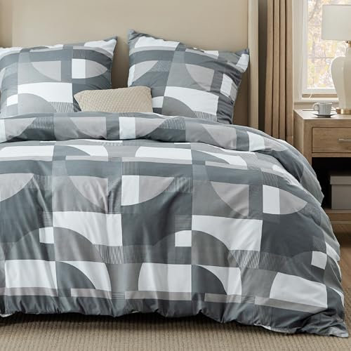 BEDSURE Bettwäsche 155x220 3teilig Bettbezug - Bettwäsche-Sets 155 x 220 cm mit 2 Kissenbezüge 80x80 cm, ÖKO-TEX Wendebettwäsche Bedding Grau Geometrie Muster für Einzelbett mit Reißverschluss