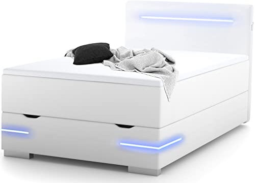 wonello Boxspringbett 90x200 mit Bettkasten, LED Beleuchtung und 2X USB Anschluss - gemütliches Bett mit einzigartiger Optik - Stauraumbett 90 x 200 cm beleuchtet weiß mit Matratze und Topper