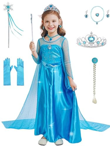 Yigoo ELSA Eiskönigin Prinzessin Kostüm Kleid Mädchen Kinder mit Elsa kostüm Geschenke Accessoires- Perücke,Zauberstab,Krone,Kopfschmuck 110