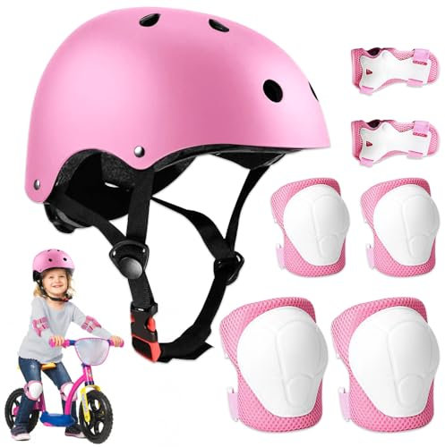 mizikuu Casco Bici Niño, 7 In 1 Set de Protecciónes Infantiles Adjustables Rodilleras Coderas y Muñequeras Almohadilla De Seguridad Protector para Patinar, Bicicleta, BMX, Monopatín, Aeropatín, Rosa