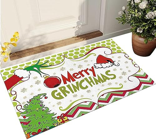 Weihnachtsdekoration Fußmatte – Frohe Weihnachten Teppich – Grinchs Outdoor Willkommensmatten – Niedliche Cartoon-Haushalts-Eingangstür Bodenmatte – Moderne lustige rutschfeste Bodenmatte für Küche