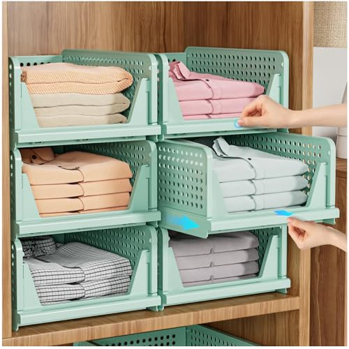 SNSLXH 5 Pack Wardrobe Storage Organiser, Stackable & Foldable Closet Organisers for Bedroom Bathroom Laundry Room Wardrobe Storage, Space-Saving Clothes Storage Drawer Organiser Basket, Green
