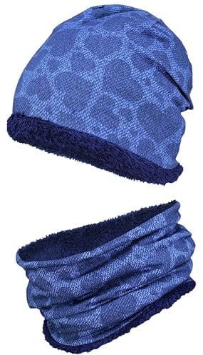 TupTam Mädchen Kinder Beanie Mütze Schlauchschal 2er Set Herbst Winter gefütterte Übergangsmütze mit Loop, Farbe: Wintermütze Teddyfleece - Herzen Dunkelblau, Hat Size: 52