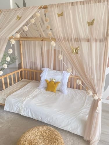 Baby Fancyroom Hausbett Himmel Betthimmel für Kinderbett Kinderzimmer Baldachin Bettvorhang Betthimmel für Mädchen Prinzessin Zimmer (Beige, 380cm, ohne Schmetterlinge)