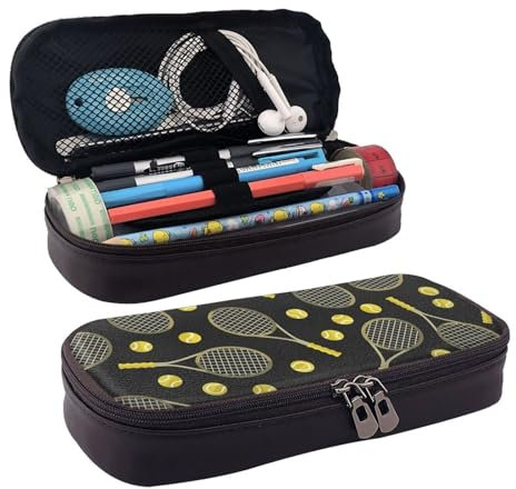 MQRCGYKF Federmäppchen mit tropischem Strand, Palme, Sonnenuntergang, PU-Leder, Federmäppchen mit Reißverschluss, großes Fassungsvermögen, Kosmetiktasche., Lustige Tennisschläger und Tennisbälle.,