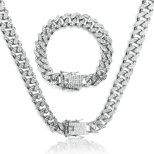 GoPaw Ketten für Herren 12 MM Cuban Link Chain Iced Out Kette Halskette für Männer Gold Silber Miami Cuban Link Choker Halskette Armbandr Unisex Hip Hop Schmuck Geschenk 50/55/60cm (Silber, 55)