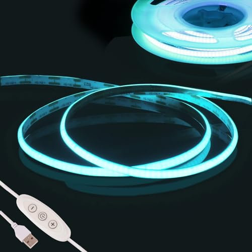 Eisblau COB LED Streifen 2m,Fosingut 5V USB LED Strip Dimmbar,CRI90+ 480LEDs/m Lichtleiste Lichterkette LED Band Selbstklebend Stripes für Küche,TV LED Hintergrundbeleuchtung,Spiegel,PC,Schlafzimmer