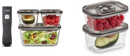 Caso Vacu OneTouch Eco-Set, Handvakuumierer inkl. 3 Vakuumbehälter aus Glas & VacuBoxx Eco-Duo S - Vakuum-Frischebehälter / 2 Behälter mit je 500 ml