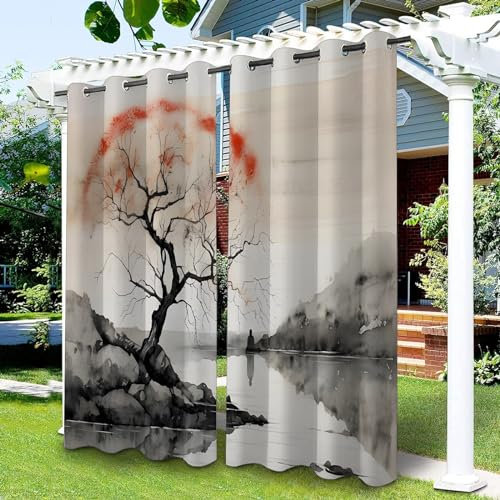 Japanese Outdoor Curtains Waterproof, Flower Gazebo Pergola Curtains with Eyelet, Watercolor Blackout Windproof Curtain for Outside Garden Patio Cabana, 1 Panel 52 W x 84 L OC-899