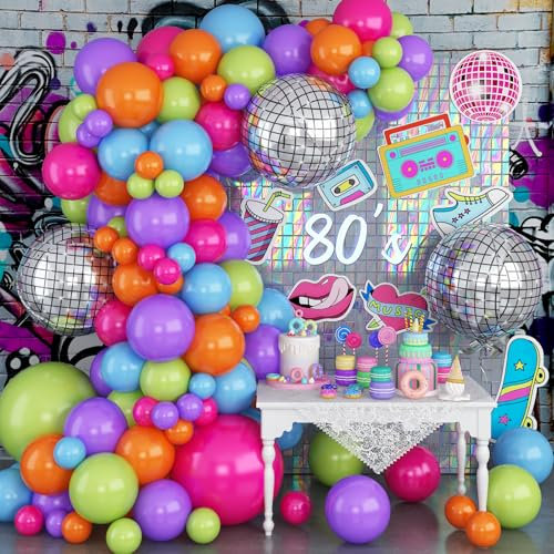 Kit d'arche de ballons arc-en-ciel fluo en latex, rose, violet, vert citron, orange, bleu clair, guirlande de ballons disco pour fête sur le thème du rock, bal de fin d'année, fête d'anniversaire
